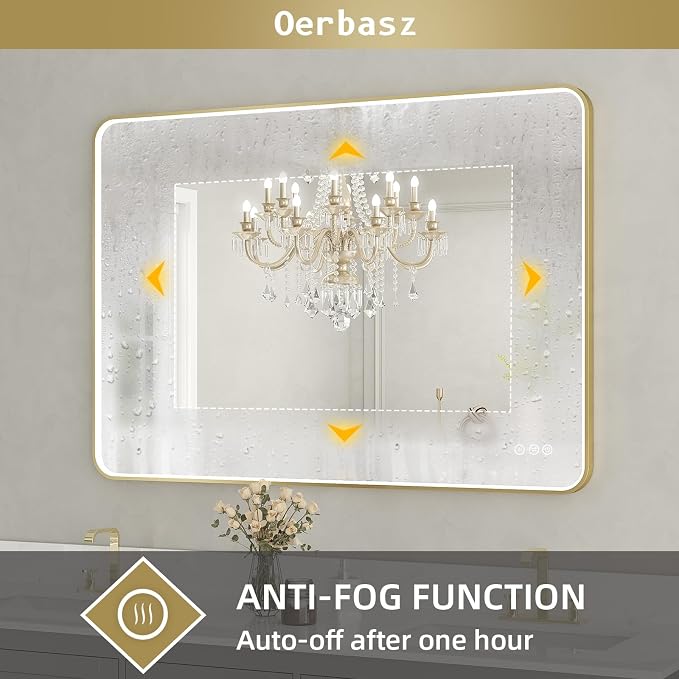 LED Mirror for Bathroom 40X28 Inch Gold Framed with Anti-Fog, Stepless Dimmable, Front Lit, LED Bathroom Vanity Mirror for Wall, Memory Function, Shatter-Proof
