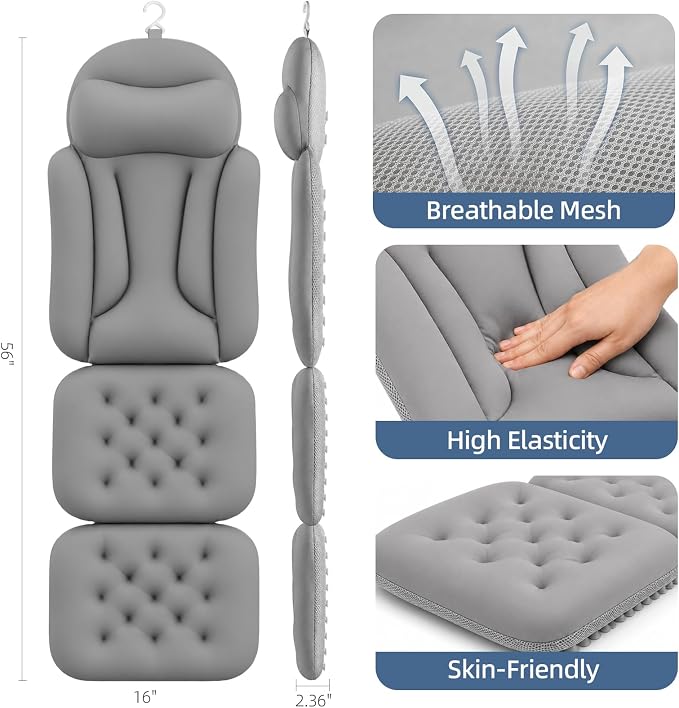 Full Body Bath Pillow for Tub, Ergonomic Head Neck Back Support, 192 Non-Slip Suction Cups, Thick Cushion with Laundry Bag, Fits Most Bathtub, 56"x16" Grey