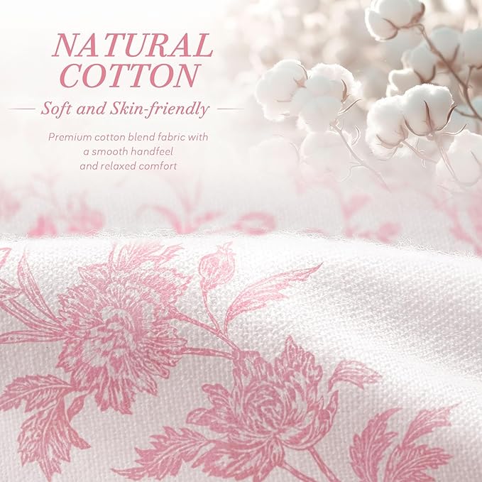 Pink Floral Shower Curtain,Vintage Cotton Cottagecore Shower Curtains for Bathroom, 72" W x 72" L