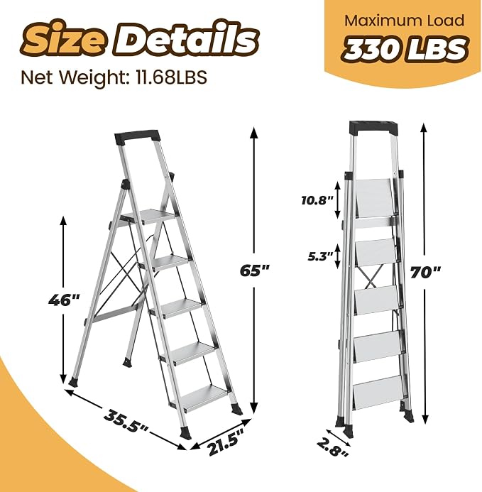 HBTower 5 Step Ladder, Lightweight Aluminum Folding Step Stool | Anti-Slip Wide Pedal, 330lbs Capacity Step Ladder for Household Kitchen Office, Silver