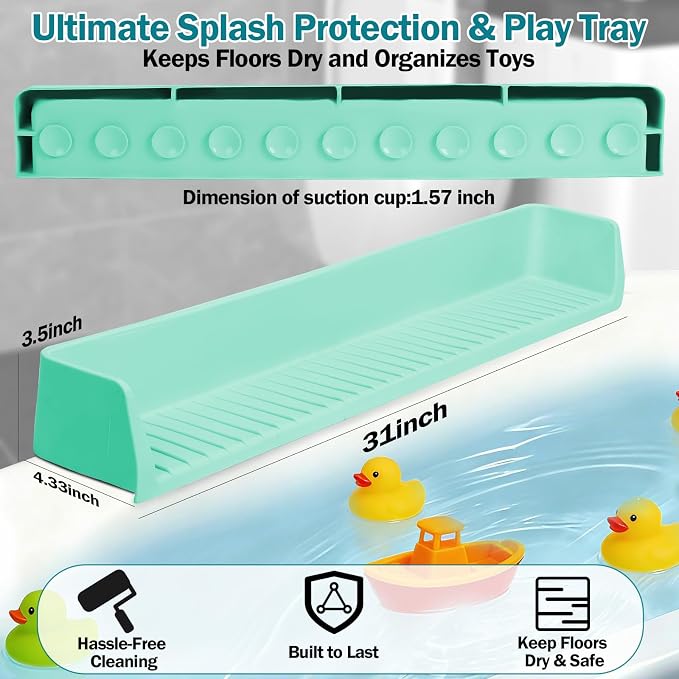 Bathtub Splash Guard for Tub Kids- Silicone Bath Play Shelf | 31" Extra Long Toy Tray & Caddy Holder, Prevent Water Spills & Messy Floors, Tub Edge Guard for Bathroom- Light Green