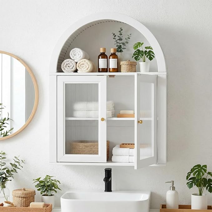 Arched Bathroom Wall Cabinet, Boho Medicine Cabinet with Tempered Glass Doors, Above Toilet Storage Cabinet, Wall Mounted Adjustable Shelf for Living Room, Restroom,White