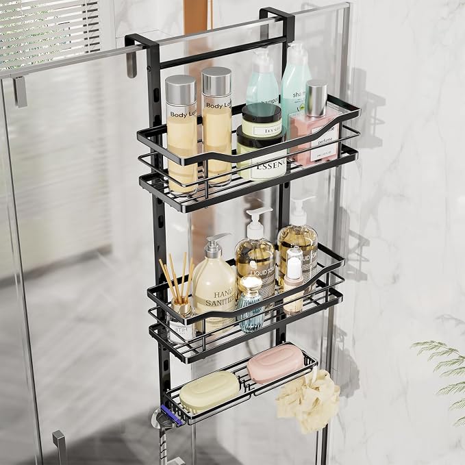 SWTYMIKI Over the Door Shower Caddy - 3 Tier Adjustable Shower Organizer Hanging with Soap Holder, No Drilling Stainless Steel Bathroom Rack Hanging for Body Wash, Shampoo, Soap, Razor, Black