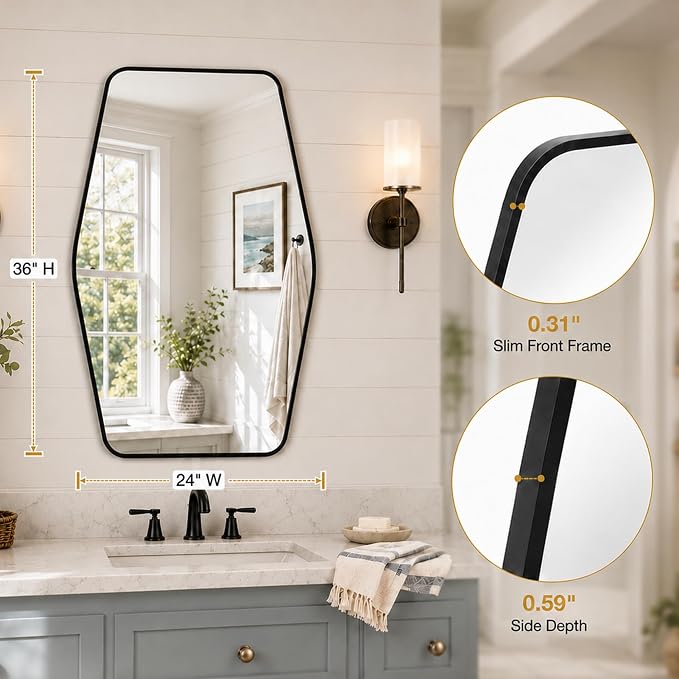 Matte Black Tapered Rectangle Bathroom Mirror, 24x36 Inch | Aluminum alloy frame, tempered glass, two-way keyhole mount, for bedroom, hallway, console