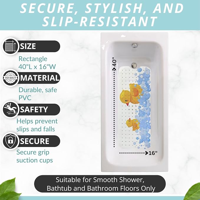 ENKOSI Non-Slip Bath & Shower Mat 40x16 Extra Long, Suction & Drain Holes | Fun rubber duck print for kids; Durable PVC; 40x16 in, Duck