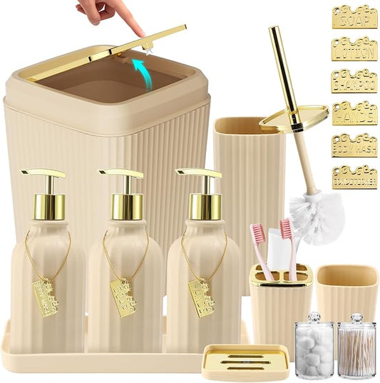 17PCS Bathroom Accessories Set, Beige Bathroom Set Bathroom Accessories Set with Trash Can, Toilet Brush, Toothbrush Holder, Qtip Holder & 3PCS Soap Dispenser