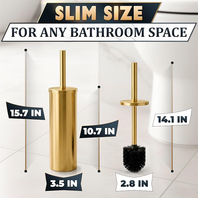Toilet Bowl Brush with Holder, Stainless Steel Material, Replaceable Head | Gold Toilet Brush and Holder Set, Splash Protection & Dense Bristles for Bathroom Cleaning, Corrosion & Scratch Resistant