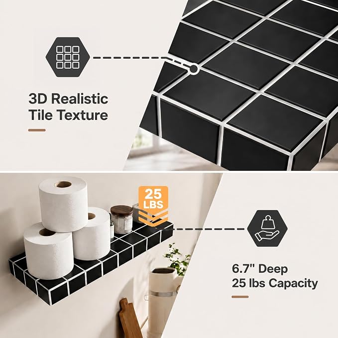 Floating Shelves, Set of 2, Black with White Lines | 15.7"W x 6.7"D x 1.5"H, set of 2, 25 lbs per shelf, 3D tile texture, splash-resistant, ~30 min assembly.