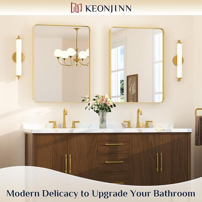Keonjinn 24 x 32 Inch Brushed Gold Bathroom Vanity Mirror, Tempered Glass | Brass Bathroom Mirrors for over Sink, Anti-Rust Aluminum Frame, Rounded Rectangle, French Cleat Mount, Clear Reflection