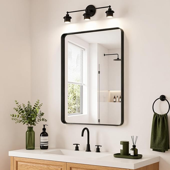 Koonmi Black Bathroom Mirror for Over Sink 24x36 inch | Wall Mirror for Bathroom Matte Rectangle Metal Deep Framed, Shatterproof Tempered Glass, Hang Vertically or Horizontally