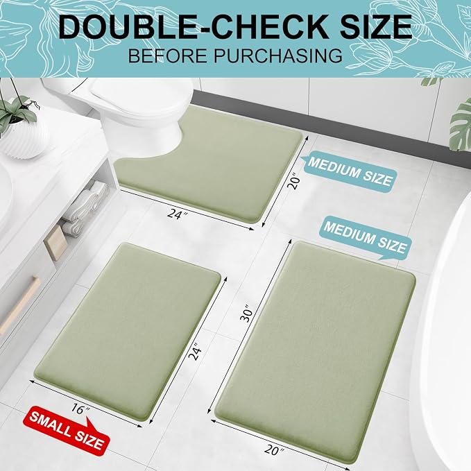 Smiry Memory Foam Bath Mat 24x16, Extra Soft and Absorbent Bathroom Rugs | Sage Green, Quick Dry Machine Washable Non-Slip Bath Mat for Bathroom Floor, Shower and Tub
