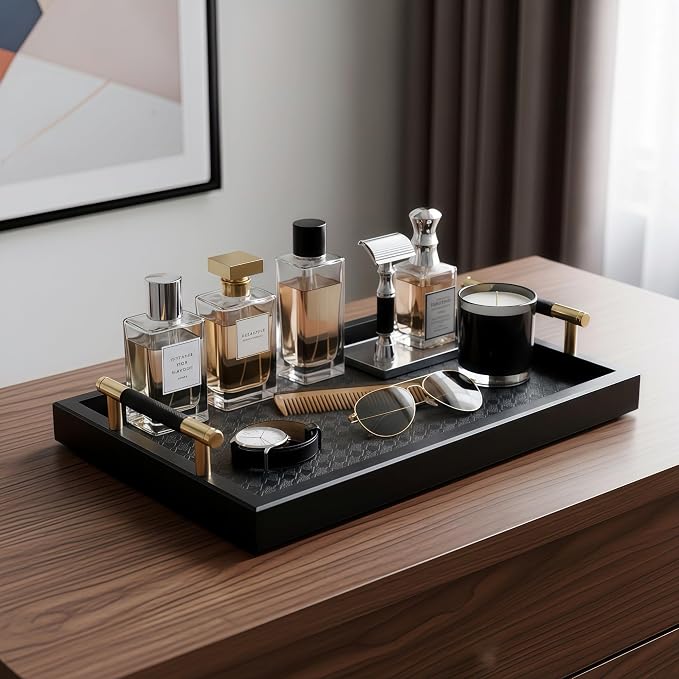 Bamboo Vanity Tray for Dresser -13.4"x8.7" Cologne Tray with Handles | Black Gold Trinket Tray with Leather Mat for Perfume, Jewelry, Watch, Key, for Bathroom Countertop, Living Room, Bedroom