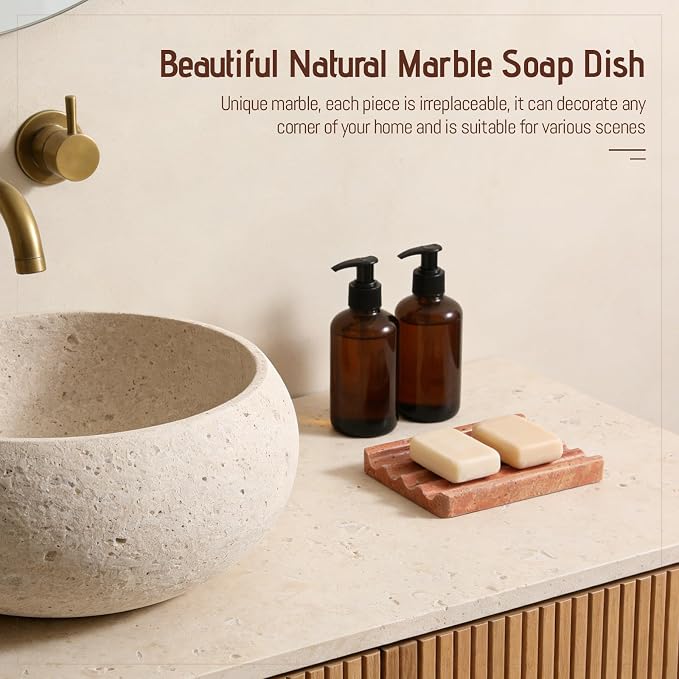 Karibiber Travertine Soap Dish, Red Marble Bar Soap Holder Shower, Bathroom Soaps Saver, Easy Cleaning Natural Stone Sponge Holder for Kitchen Sink, Executive Jewelry Ring Tray