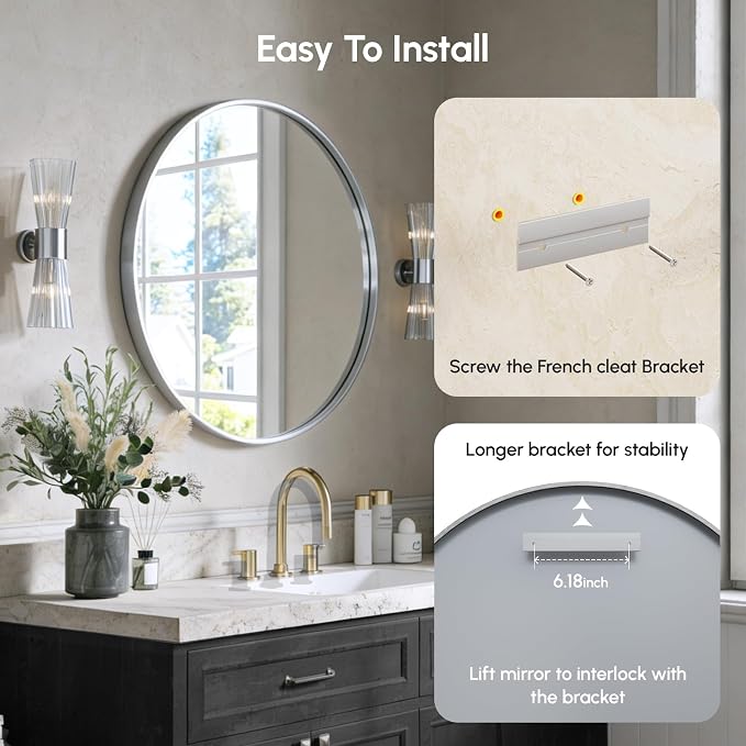 30 Inch Brushed Nickel Round Bathroom Mirror for Over Sink | Circle Mirror with Aluminum Frame, Wall Mirror for Vanity, Entryway, Living Room, Hallway and Bedroom Decor