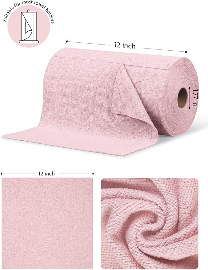 Fantasticlean Microfiber Cleaning Cloth Roll -75 Pack, 12" x 12" (Pink) | Reusable Alternative to Paper Towels, Ultra Absorbent, Lint-free Microfiber Towel Roll, for All-Purpose Cleaning
