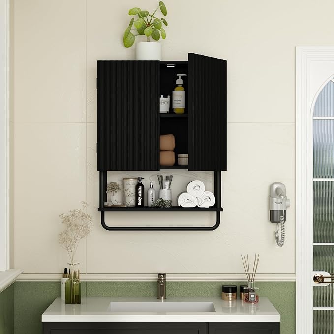RUSTOWN Fluted Bathroom Wall Cabinet with 2 Doors, 3-Tier Medicine Cabinet | Modern Farmhouse Wall Mounted Cabinets, Over The Toilet Storage Cabinet, Adjustable Shelf and Towel Bar, Medium