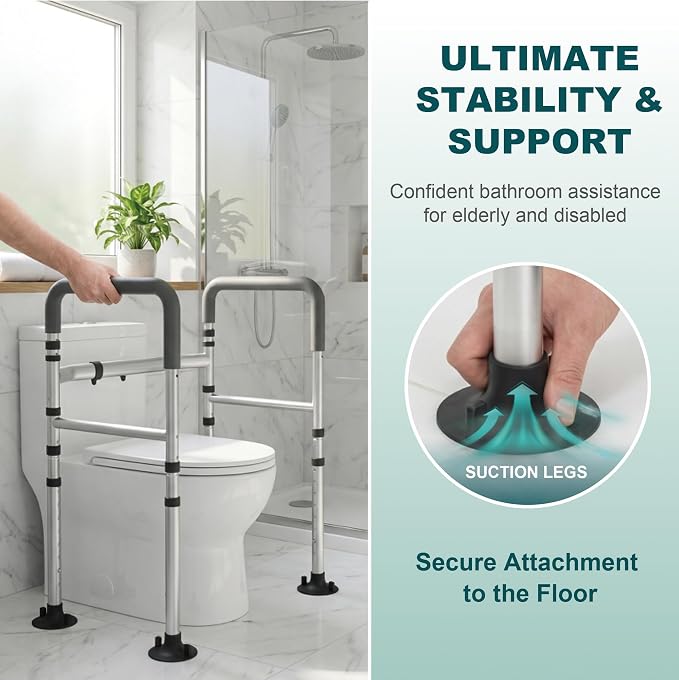 Toilet Safety Rails(350LBS), Adjustable Toilet Frame with Handles for Seniors, Elderly & Disabled, Foldable Toilet Grab Bars with Tissue Holder & Storage Bag,Fit Any Toilet, Gray