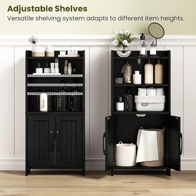 Small Bathroom Storage Cabinet with 2 Doors & Shelf,Line Black | Narrow Storage Organizer, Toilet Paper Floor Cabinets Freestanding, for Small Spaces, Laundry Room, 7.8" D x 14.6" W x 31" H