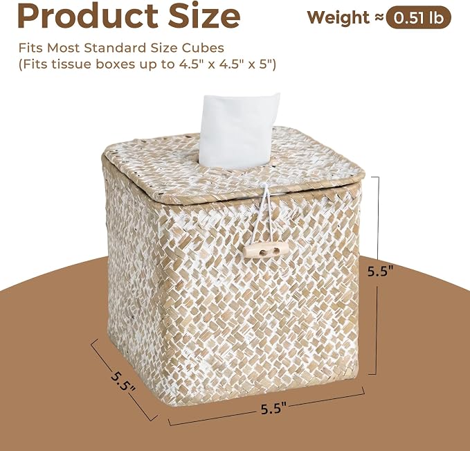 Seagrass Tissue Box Cover Square, Woven Wicker Tissue Box Holder, Whitewash | 2 Pack, With Lid, Natural Seagrass, Handwoven, Boho Decor, Decorative Facial Cube Tissue Cover Holder for Bathroom Office