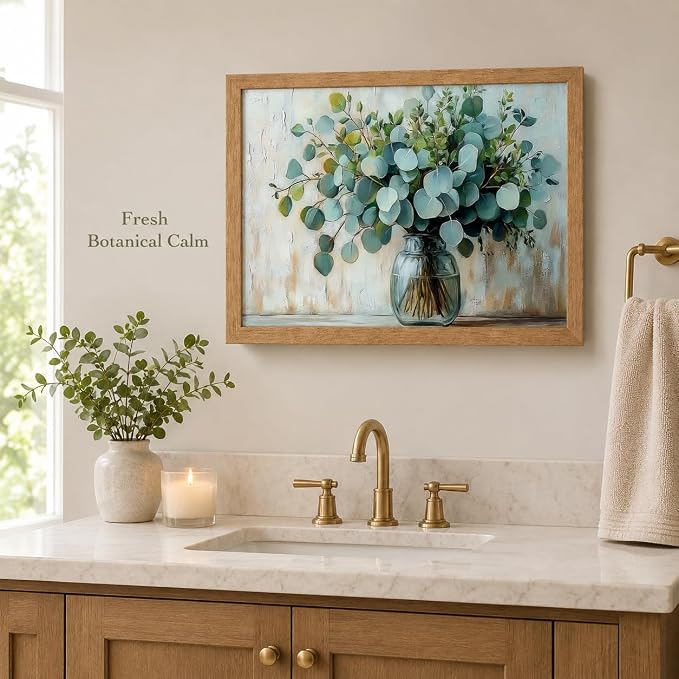Wood Framed Rustic Eucalyptus Wall Art Sage Green in Glass Plants Vase Canvas Painting Picture Wall Decor Farmhouse Neutral Poster Print Artwork for Living Room, Bedroom, Bathroom Home Decoration