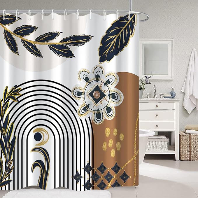 Black and Gold Boho Shower Curtain for Bathroom 72x96 Inch | Waterproof Abstract Black Arch Leaves Shower Curtain Set with Hooks, Mid Century Brown Bathroom Decor