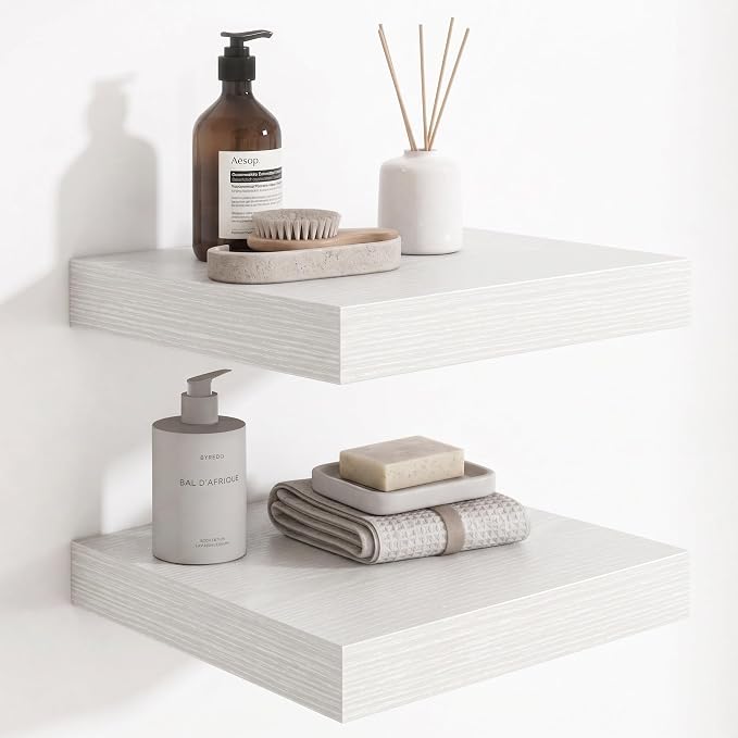 Deep Floating Shelves for Wall, 12 Inch Wide Small Wall Shelves Set of 2, 2 Inch Thick Invisible Wall Mounted Shelves for Bathroom Bedroom Nursery,White