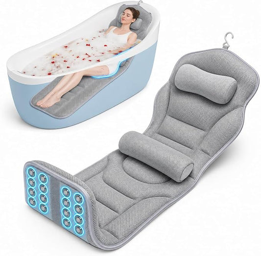 Full Body Bathtub Pillow with Lumbar Support, 5D Air Mesh Bathtub Cushion for Soaking Tub, 168 Suction Cups Full Bath Pillow for Post-Yoga Spa, Deep Relaxation & Romantic Baths Grey Big