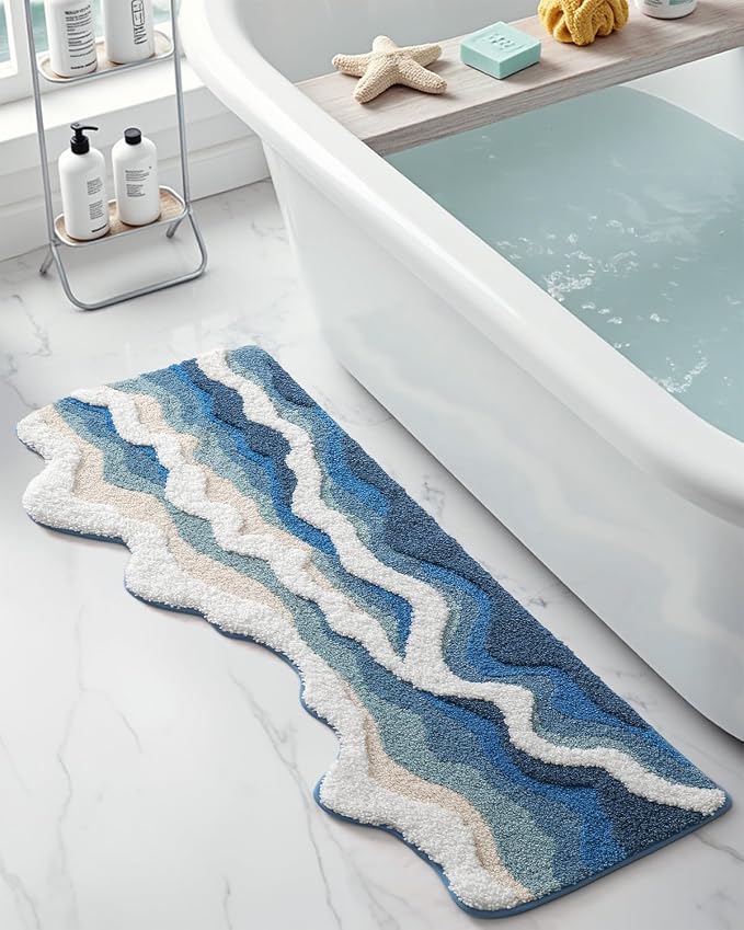 DEXI Cute Bath Mat, Sea Ocean Wave Bathroom Rugs, 43x26 Blue | Soft and Absorbent Microfiber, Non Slip, Machine Washable Bathmat for Shower Floor, Bedroom, Kids Room, Home Decor