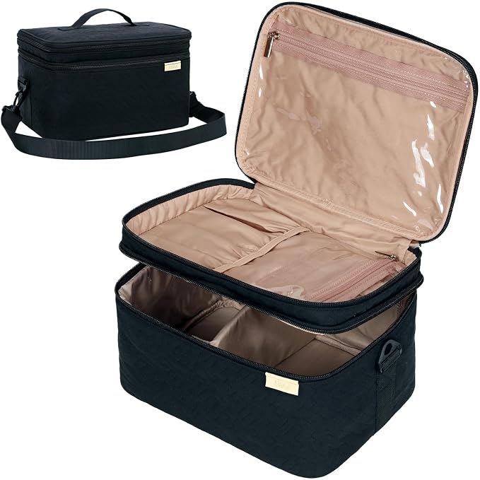 NISHEL Large Makeup Bag Organizer, Double Layer Cosmetic Travel Case | Organizer for brushes, bottles, makeup and skin care products, ideal for trips and daily use, Black, Extra Large