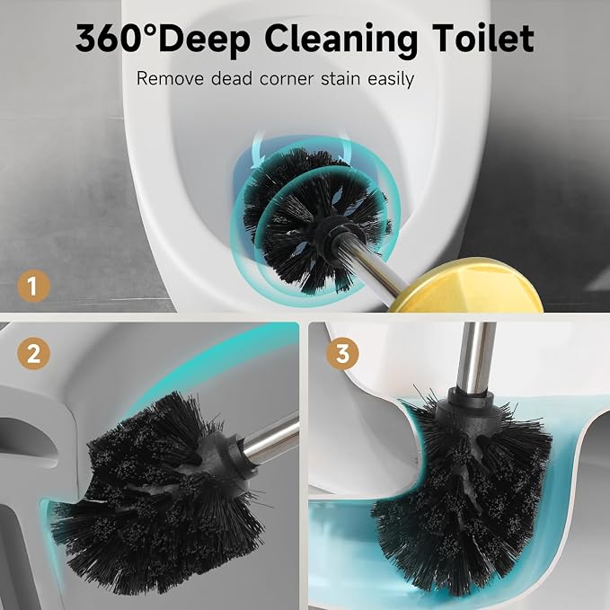Brass Toilet Brush and Holder，Extra Long Handled Gold Toilet Brush for Bathroom，Stainless Steel Heavy Duty Toilet Bowl Brush,Deep Cleaning Modern Toilet Cleaner Brush -Space Saving, Covered Brush