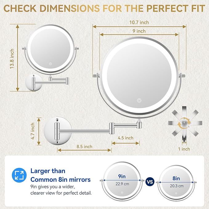 Auxmir 9″ 5000mAh 1X/30X Wall Mounted Lighted Magnifying Makeup Mirror | Power Adapter&2 Tweezers Included/ 3 Dimmable Colors/ Dual Sided Button Control/ Rechargeable/ 360° Rotation Extended Arm