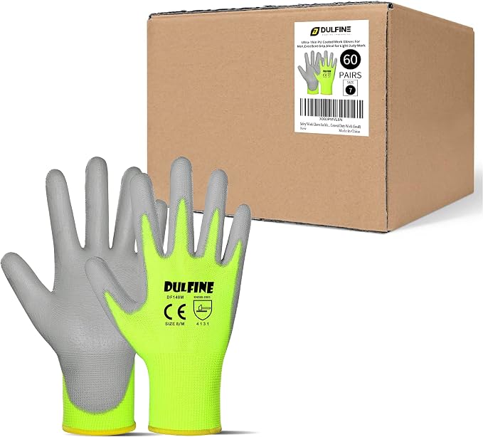 DULFINE Safety Work Gloves for Men & Women, PU Coated Seamless Knit Grip | Smooth Grip on Palm & Fingers, Ideal for Light General Duty Work, Gardening, Landscaping, Construction, Mechanic, Warehouse
