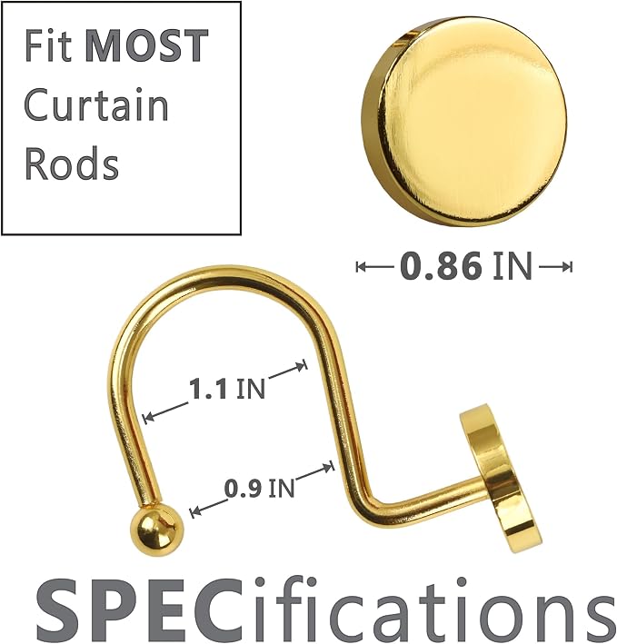 Brass Gold Shower Curtain Hooks: Rust Proof Metal Curtain Rings, 12Pcs | Simple Classic Round Button Shower Hooks, Heavy Duty Hanging Hangers for Shower Rod, Gift for Modern & Luxury Bathroom Decor