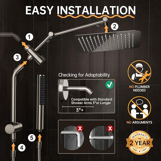 Veken All Metal 10" Luxurious Brushed Nickel Rain Shower Head with Handheld | Dual High Pressure Shower Heads, Power-wash Hand Held with Hose,Double Detachable Showerhead,Square Rainfall,Bathroom Upgrade