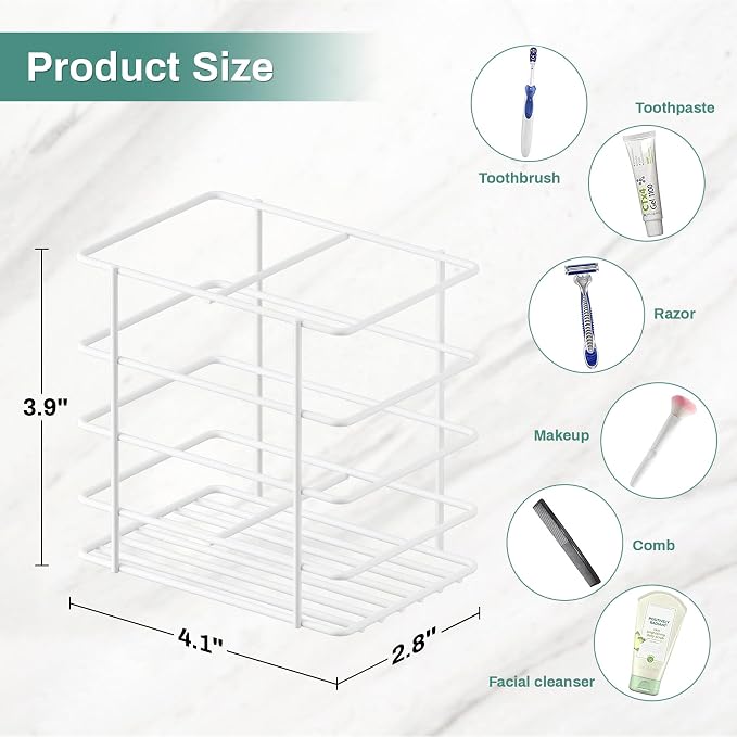 Open-Design Adhesive Shower Toothbrush Holder Wall Mounted with Drainage | Hanging Electric Tooth Brush Holder for Bathroom Wall Mirror, Metal Wall Toothpaste Storage Organizer for RV Camper, White