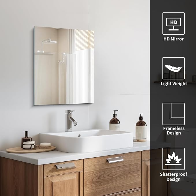 CILIBER Frameless Mirror 16"x20", Rectangle Bathroom Mirror, Shatterproof Vanity Mirrors Polished Edge, Unframed Mirrors for Wall Hangs Horizontally or Vertically for Home Gym Bedroom Living Room