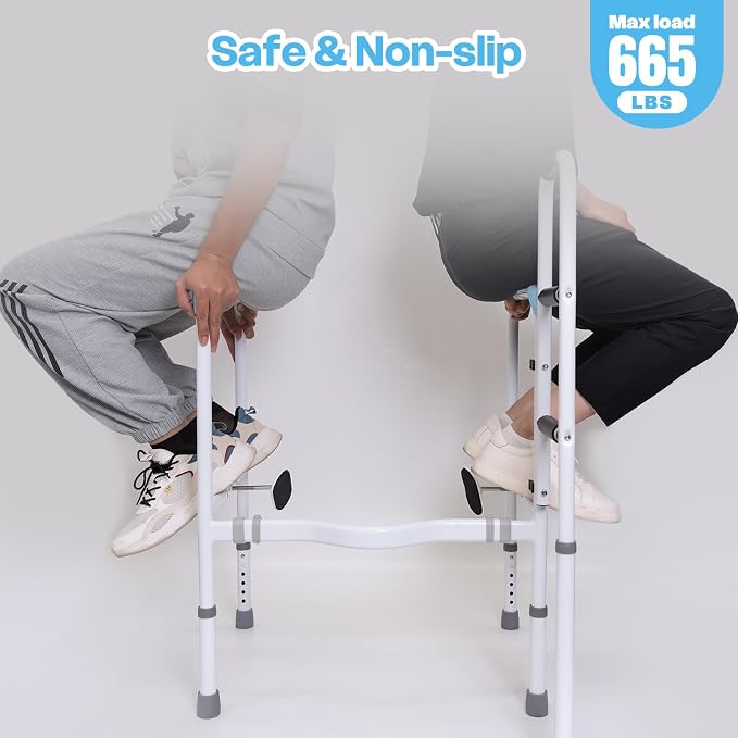 Toilet Safety Rails for Seniors, Heavy Duty Adjustable Toilet Safety Frame | 665 lb Capacity Stand Assist Rail with Suction Cups, Non-Slip Feet, Adjustable Height&Width, Foldable No-Drill Support