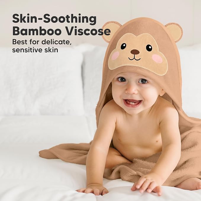 KeaBabies Hooded Baby Towel for Newborn, Baby Bath Towels (Monkey, 35x35) | Viscose Derived from Bamboo, Large Baby Towels with Hood, Boys, Girls, Toddler, Soft Absorbent Baby Bath Essentials