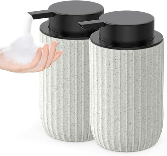 Ceramic Foaming Hand Soap Dispenser, 12 oz Bathroom Soap Dispensers 2Pack | Lotion Dispenser for Kitchen, Refillable Matte Streaks Soap Dispenser with Large Pump (Beige)