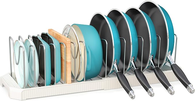 Expandable Pan Organizers Inside Cabinet with 12 Dividers White | Extends 12.9-21.9", Holds cookie sheets, cutting boards, pot lids and pans, iron dividers, plastic base, under cabinet rack