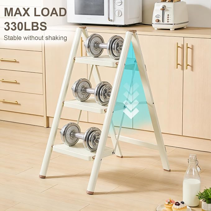 Valeo 3 Step Ladder,Lightweight Folding Step Stool with Wide Anti-Slip Pedal, 330LBS Capacity, Heavy Duty,Sturdy Iron Metal Step Stool for Home, Kitchen, Closet, Adults, Cream White