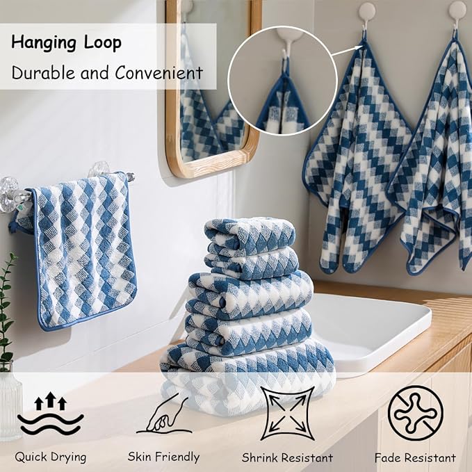 12 Pcs Navy White Diamond Towel Set-4 Bath Towels,4 Hand Towels,4 Washcloths Soft Polyester Towels with Loop Absorbent Shower Towel Quick Dry Beach Chair Towel Family Towels for Bathroom Spa Gym Pool