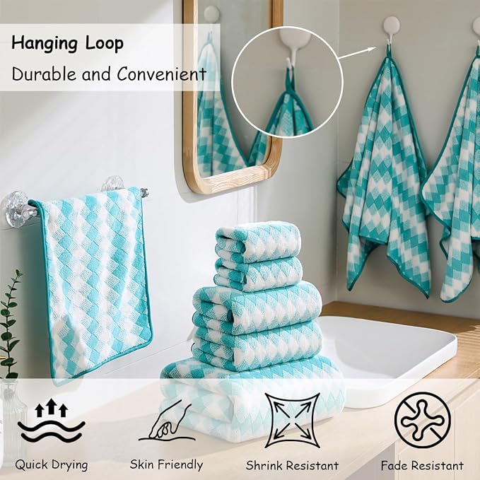 12 Pcs Aqua White Diamond Towel Set-4 Bath Towels,4 Hand Towels,4 Washcloths Soft Polyester Towels with Loop Absorbent Shower Towel Quick Dry Beach Chair Towel Family Towels for Bathroom Spa Gym Pool