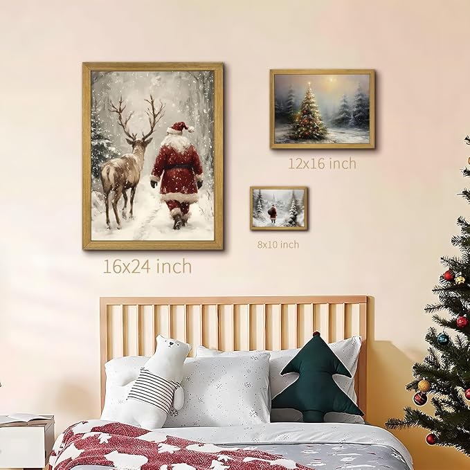Wood Framed Vintage Christmas Wall Art, Santa Claus Reindeer Canvas Wall Decor Painting, Rustic Winter Painting Artwork Poster Print Picture for Living Room Bedroom Home 12x16 Inch
