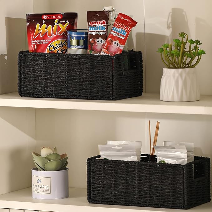 Wicker Storage Basket, Set of 2 Hand-Woven Paper Rope Wicker Basket, Small Storage Baskets for Organizing Toilet Paper Basket, Foldable Large Cube Storage Organizer Bins for Shelves (Black)