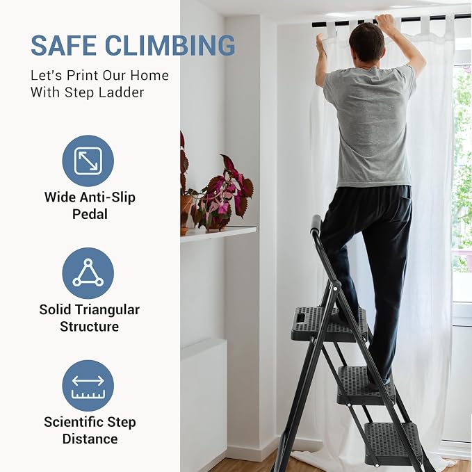 DUMOS 3 Step Ladder, Sturdy Step Stool with Anti-Slip Pedal & Comfortable Handrail, Portable Heavy Duty Stool for Kitchen, Garage & Outdoor Use, 800lbs, Black