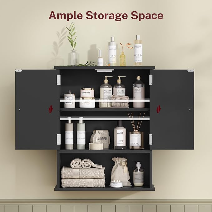 Bathroom Wall Cabinet, Over The Toilet Space Saver Storage Cabinet with Barn Doors & Adjustable Shelf, Hanging Medicine Cabinet, Black UNGGX003HV1