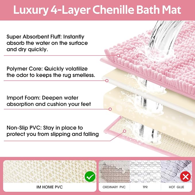 Christmas Striped Pink Bathroom Rug Set 3 Pieces Ultra Soft, Non Slip Chenille Toilet Mat, Absorbent Plush Shaggy Bath Mats for Bathroom, Bedroom, Kitchen