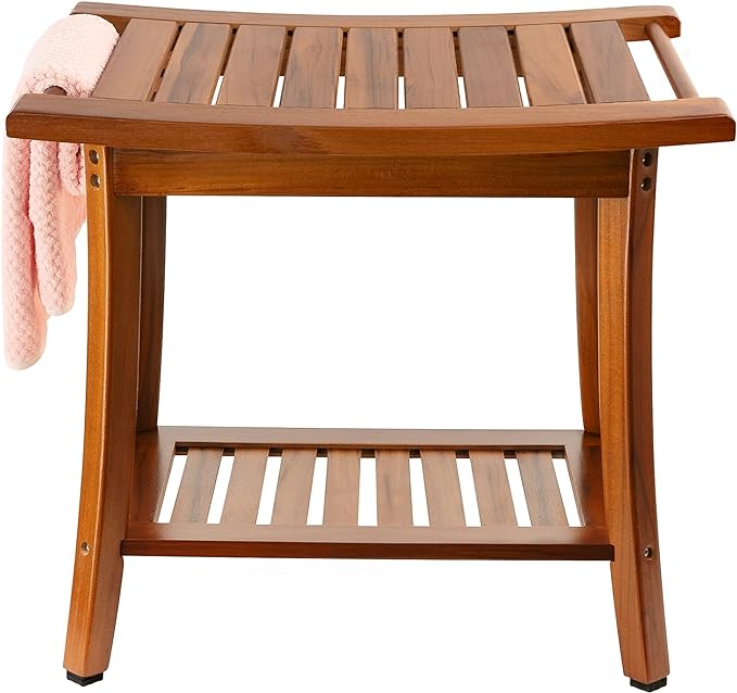Utoplike Teak Shower Bench Seat with Handles, Bath Chair Stool for Inside | Portable Wood Spa Chair With Towel, Storage Shelf, 22" x 13" x 18.6", for Outdoor Bathroom Use