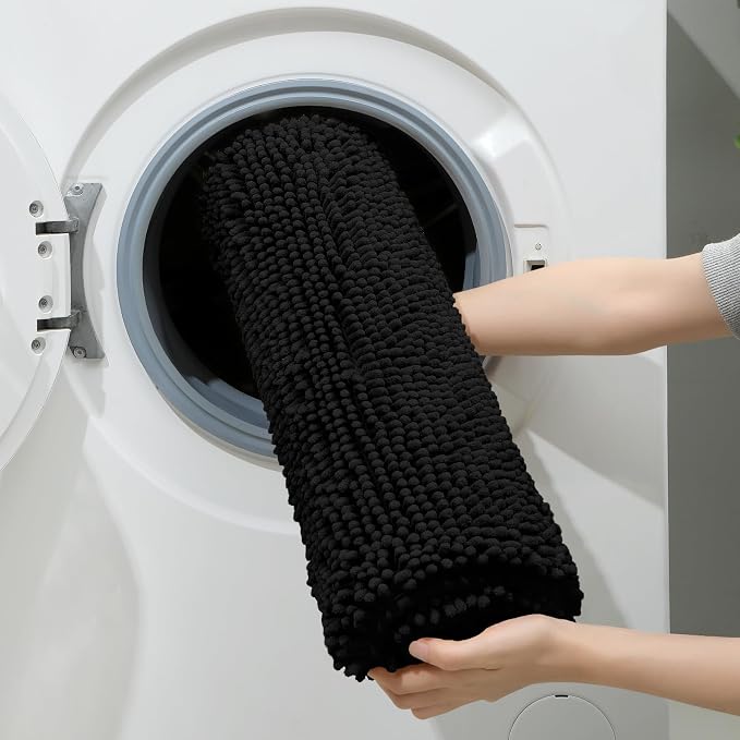 HOMEIDEAS 3 Pieces Bathroom Rugs, Ultra Soft Non Slip Absorbent Chenille Toilet Bath Mat Set (Black)